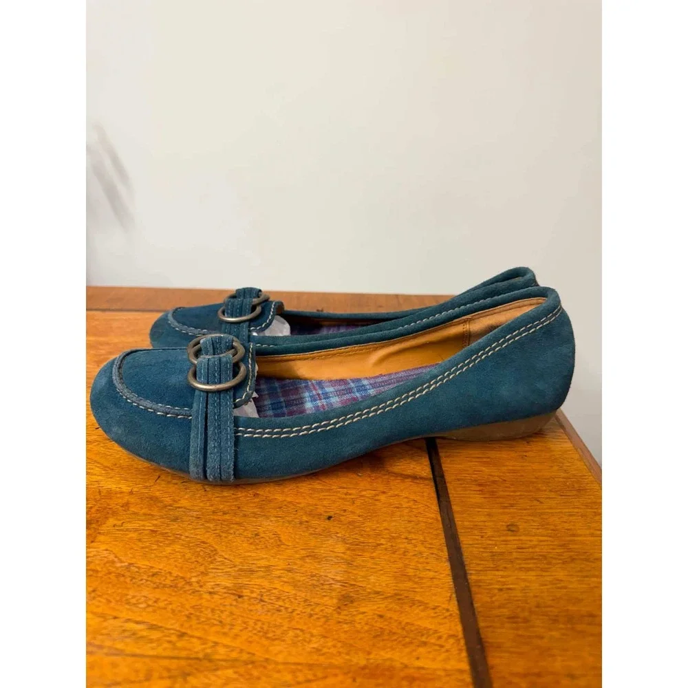 Mossimo Supply Co Teal Blue Suede Loafers Ring Detail Plaid Lining Womens 10